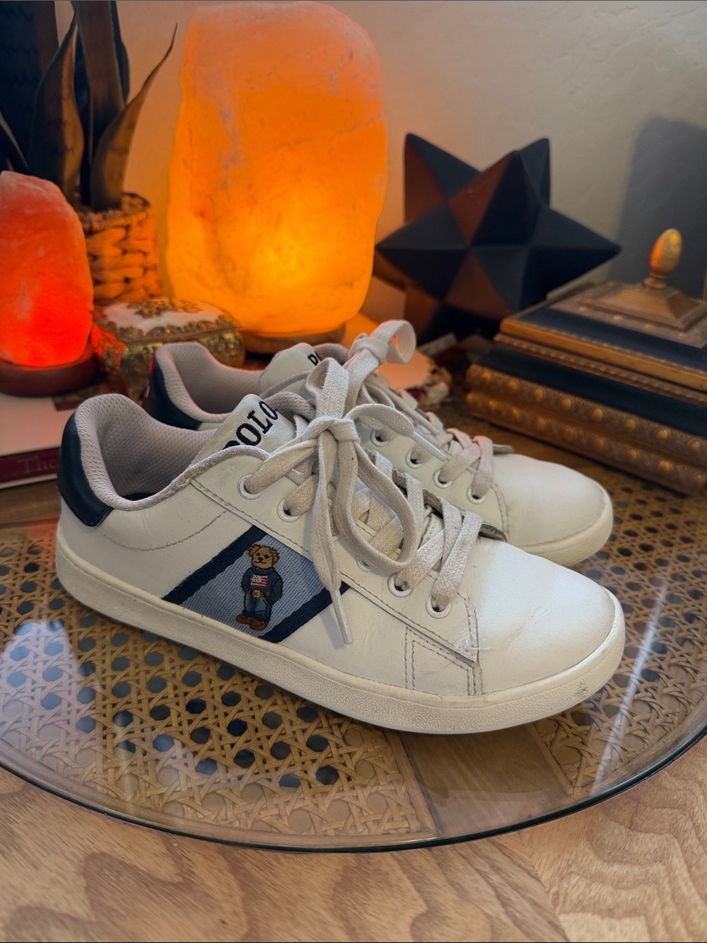 Polo by Ralph Lauren Kids White Sneakers with Navy Stripe and Bear